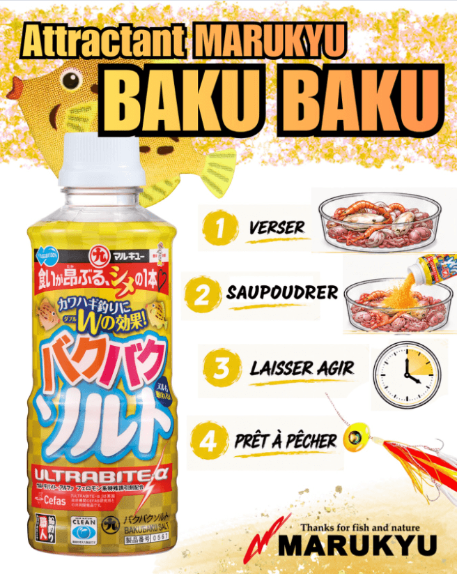 Attractants MARUKYU - Baku baku - flacon de produit attractant pour la pêche, ingrédients et instructions visibles.
