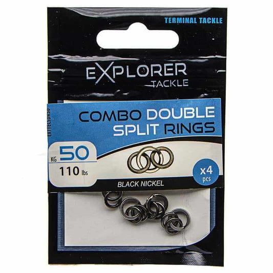 Combo Split Ring Explorer Tackle - Anneau Soudé + Brisé Black Nickel - Matériel de pêche en mer, 50KG, 4 pièces.