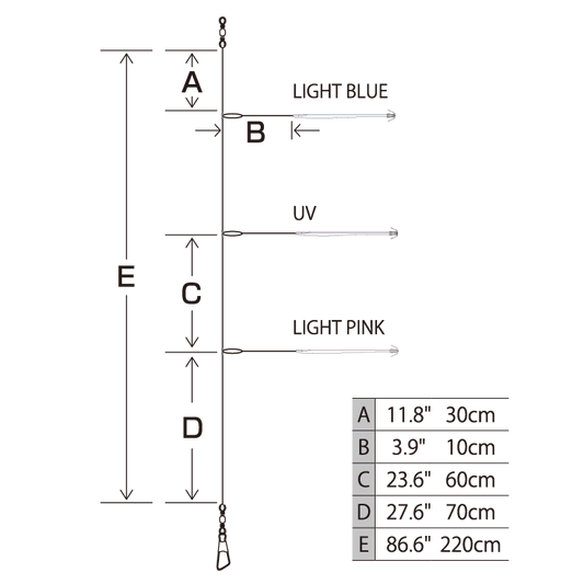 Pikaichi Stick 14 cm turlutte à Calmars - HAYABUSA dimensions avec indications des couleurs et longueurs.