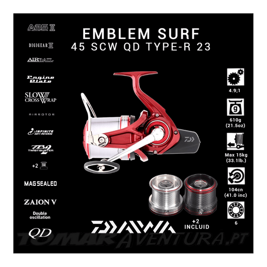 Moulinet Daiwa Emblem Type R 45 SCW QD - Surfcasting Compétition avec bobines supplémentaires.