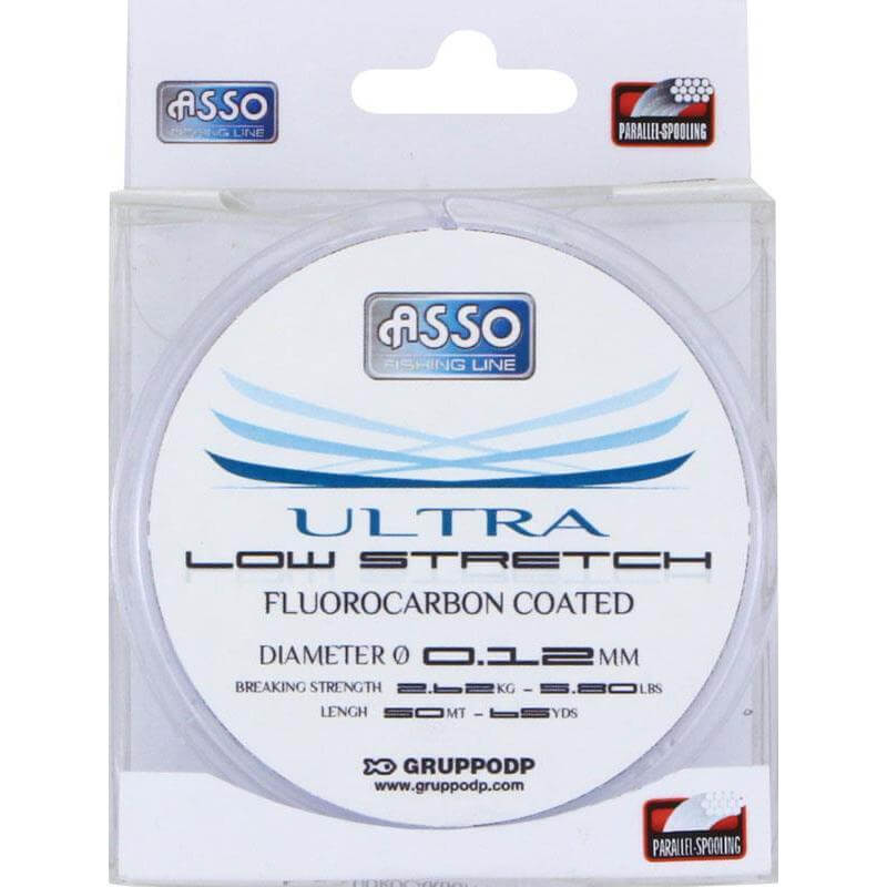 Nylon ASSO Ultra Low Stretch - Gris Clair - Fluorocarbon coated fishing line, 0.12 mm diameter, 50 m length.