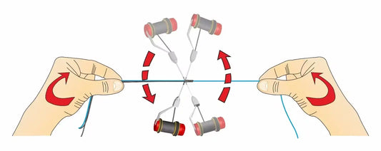 Illustration showing hands using the Rotoknotter - STONFO for quick fishing knots, highlighting fishing tool technique.