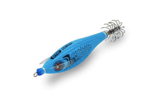 Turlutte DTD NEON 2026, color blue, pour la pêche du calmar, matériel de pêche en mer, design ultra-visible.