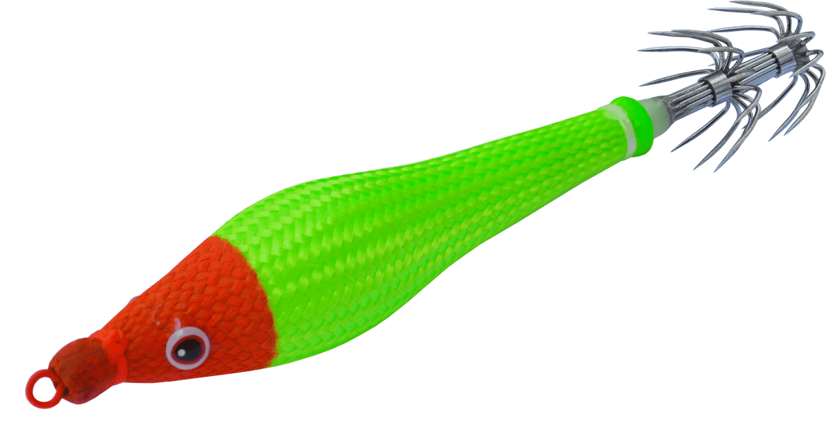 DTD Soft Double Color Glavoc 2026, turlutte souple verte et rouge pour pêche en mer, effet phosphorescent et texture d'écailles.