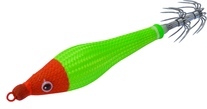 DTD Soft Double Color Glavoc 2026, turlutte souple verte et rouge pour pêche en mer, effet phosphorescent et texture d'écailles.