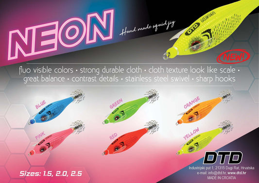 DTD NEON 2026 - Turlutte fluo visible pour la pêche au calmar avec couleurs vibrantes et équilibre optimal.