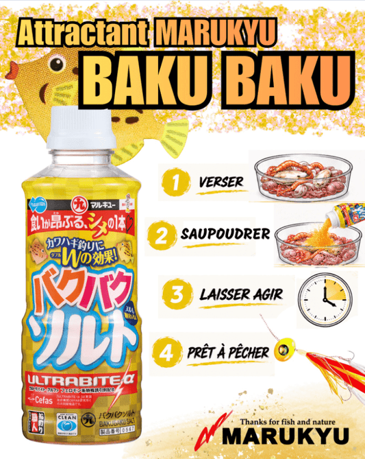 Attractants MARUKYU - Baku baku - flacon de produit attractant pour la pêche, ingrédients et instructions visibles.