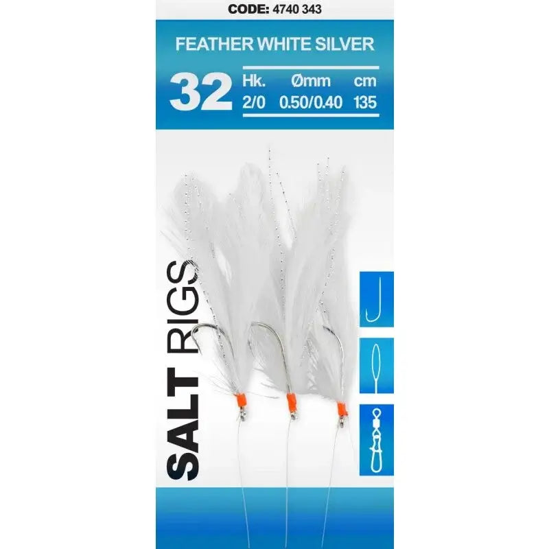 BAS DE LIGNE SPRO BLANCHE 32 Salt Rig Feather avec hameçons et plumes blanches pour pêche au maquereau.
