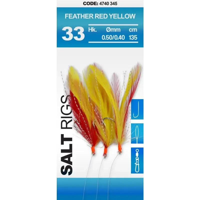 BAS DE LIGNE SPRO ROUGE/JAUNE 33 Salt Rig Feather avec plumes rouges et jaunes, 135 cm de long, pour la pêche au maquereau.