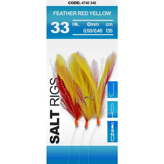 BAS DE LIGNE SPRO ROUGE/JAUNE 33 Salt Rig Feather avec plumes rouges et jaunes, 135 cm de long, pour la pêche au maquereau.