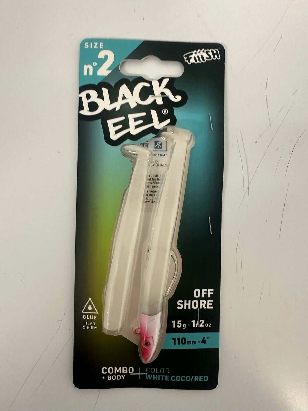 Black Eel - Fiiish packaging featuring size #2, combo body in white coco/red for offshore fishing.