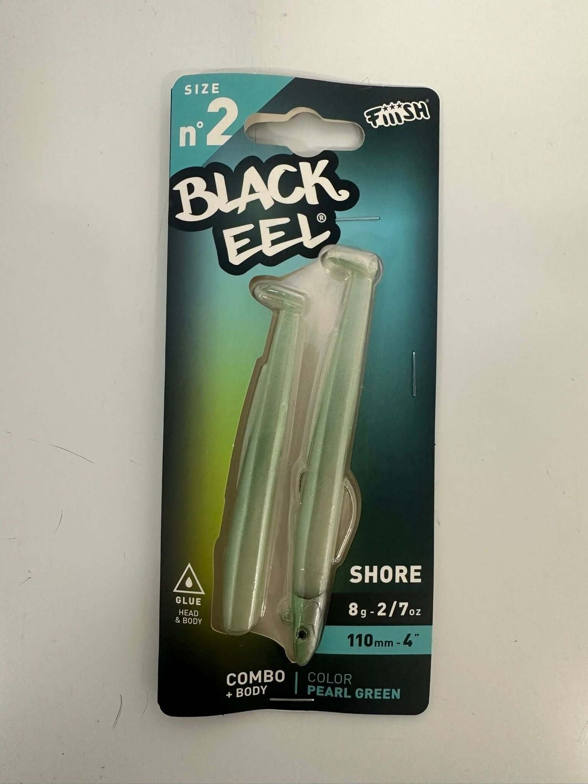 Black Eel - Fiiish in pearl green color packaging for sea fishing equipment, size 110mm, weight 8g.