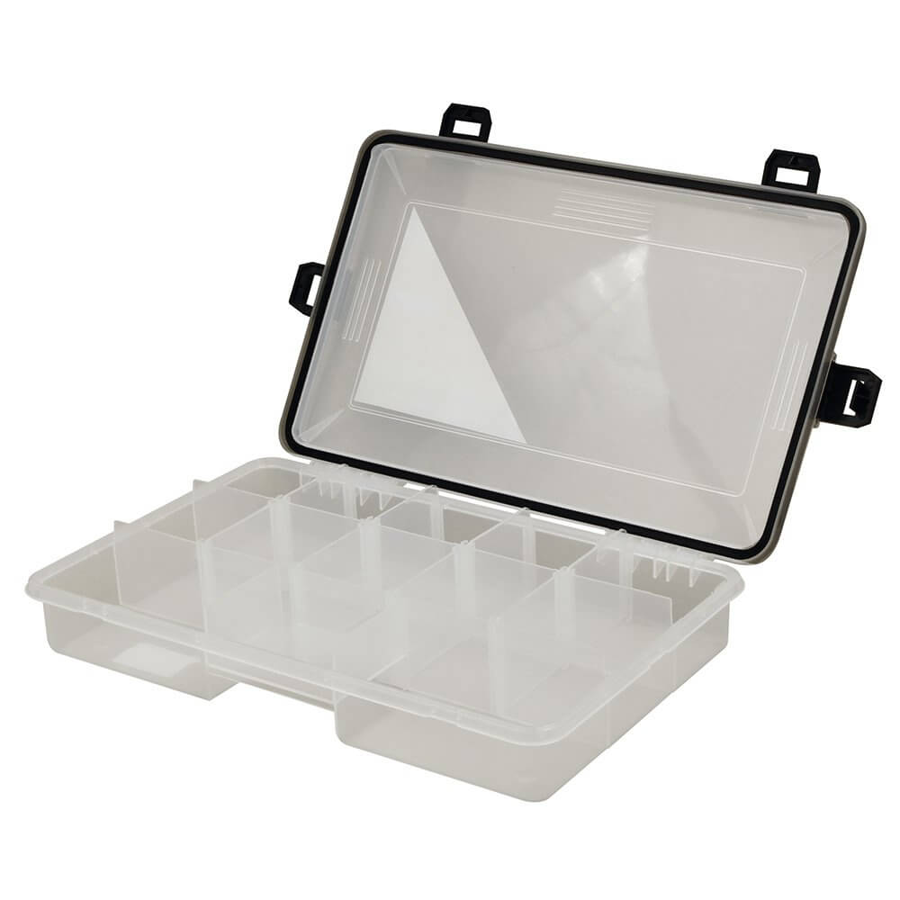 Boite rangement - Scratch Tackle ouverte avec compartiments modulables pour organisation de leurres de pêche.