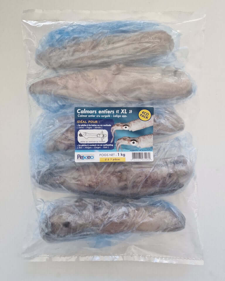 Calamars Congelés Pexeo – Appâts XL en sachet, qualité pêche en mer, disponibles uniquement à Ajaccio.