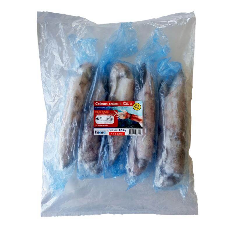Calamars Congelés Pexeo XXL en emballage plastique, idéal pour le matériel de pêche en mer à Ajaccio.