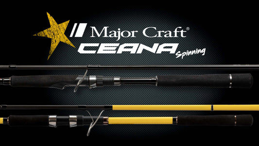 Canne Major Craft Ceana Spinning CNS-802H-jaune sur fond noir avec logo Major Craft.