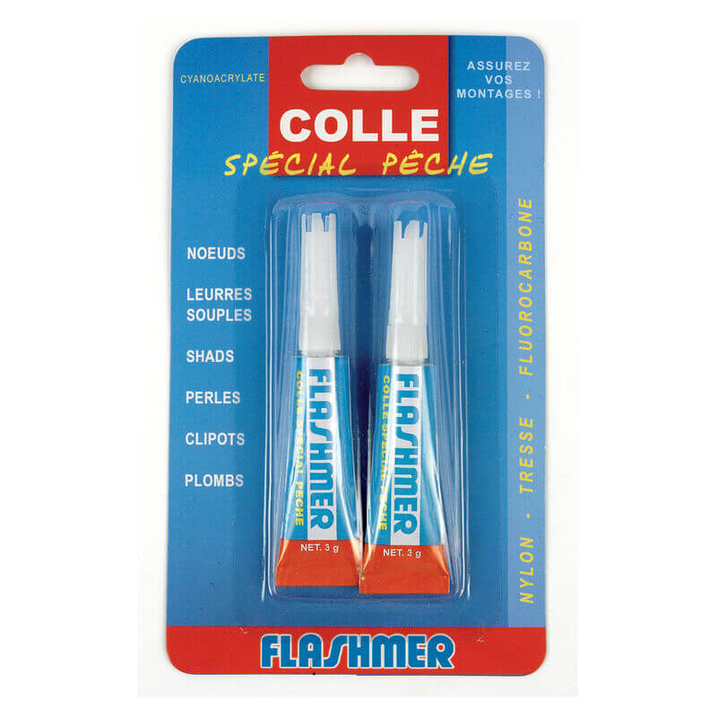 Colle Cyanoacrylate Flashmer - Blister 2 Tubes, colle spéciale pêche pour montages et leurres souples, matériel de pêche en mer.