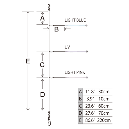 Pikaichi Stick 14 cm turlutte à Calmars - HAYABUSA dimensions avec indications des couleurs et longueurs.