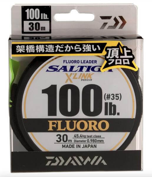 Fluoro Saltiga X'Link 100 lb shock leader for sea fishing, 30 meters long, high abrasion resistance, made in Japan.