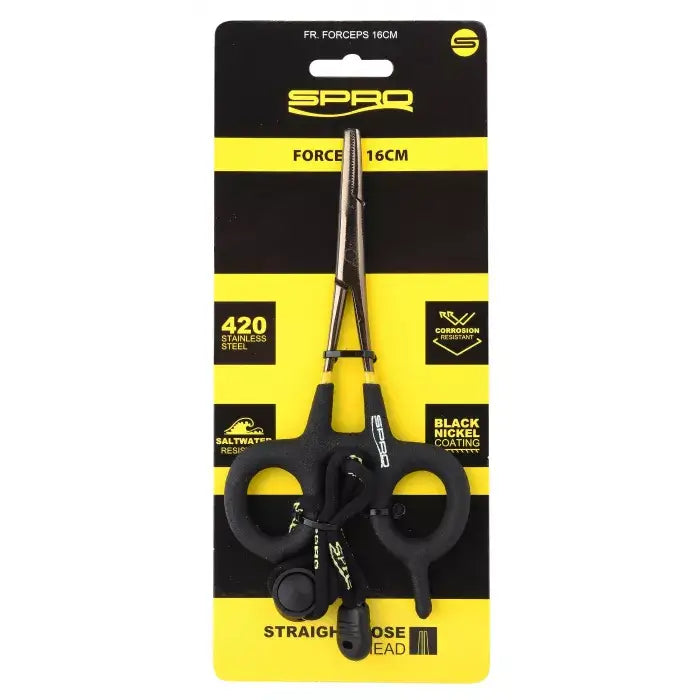 Forceps 16cm SPRO en acier inoxydable avec finition en nickel noir pour matériel de pêche en mer.