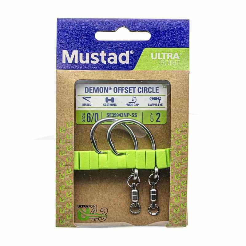 Hameçon Circle Demon Offset avec Émerillon Mustad, taille 6 / 0, matériel de pêche en mer, paquet de 2.