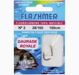 Poch.10 H. Montes "Fluo. Daurade Royale" FLASHMER - Hameçons Montés sur emballage, idéal pour la pêche en mer.
