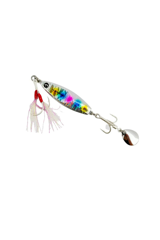 Jig Clava 30G - LANQA en couleur Prism, idéal pour la pêche en mer, avec un design imitant un petit fourrage en fuite.