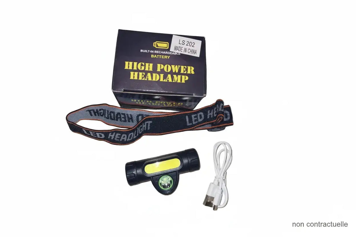 Lampe Front Rechargeable avec câble USB, éclairage LED puissant pour activités outdoor et pêche nocturne.