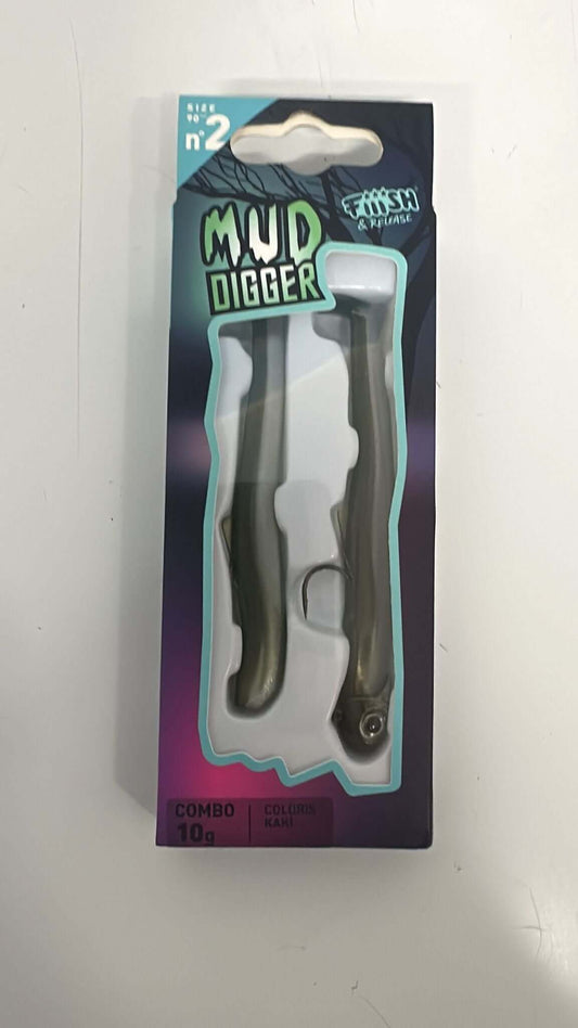 leurre Mud Digger Fiiish, combo 10g, couleur khaki, matériel de pêche en mer, packaging attractif.