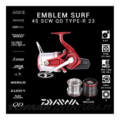 Moulinet Daiwa Emblem Type R 45 SCW QD - Surfcasting Compétition avec bobines supplémentaires.