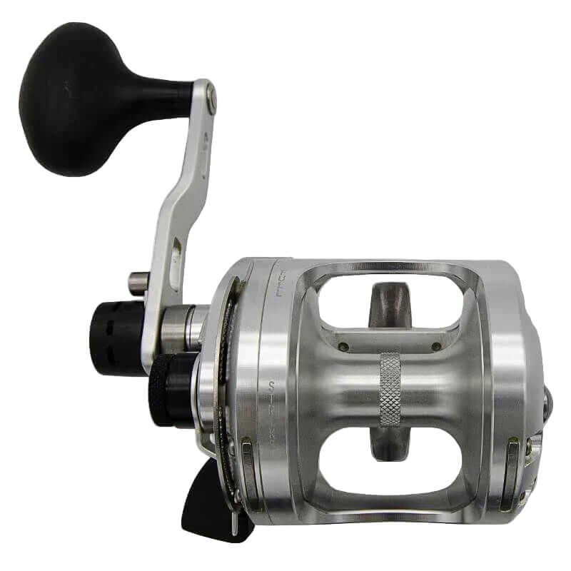 Moulinet Okuma Cavalla 2-Speed Lever Drag - Taille 5 & 12, moulinet de pêche en mer robuste en aluminium avec levier 2-vitesses.