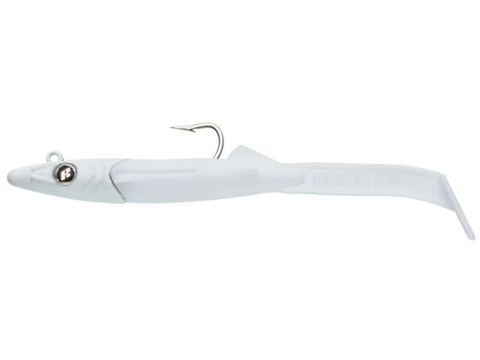 Leurre souple Raglou Hybrid blanc, idéal pour la pêche en mer, conçu spécialement pour le loup en Méditerranée.