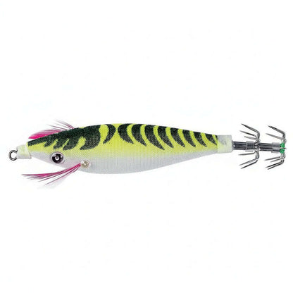 Sea Squid Calmarette 9 cm - FLASHMER, leurre souple jaune avec motif rayé pour la pêche en mer.