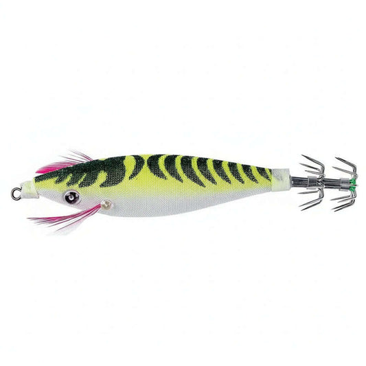 Sea Squid Calmarette 9 cm - FLASHMER, leurre souple jaune avec motif rayé pour la pêche en mer.
