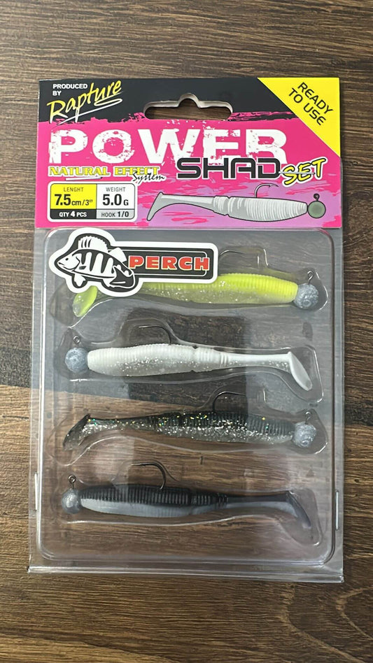 Set Leurres Rapture Power Shad - Pack de 4 leurres souples de 7.5cm et 5g, matériel de pêche en mer.
