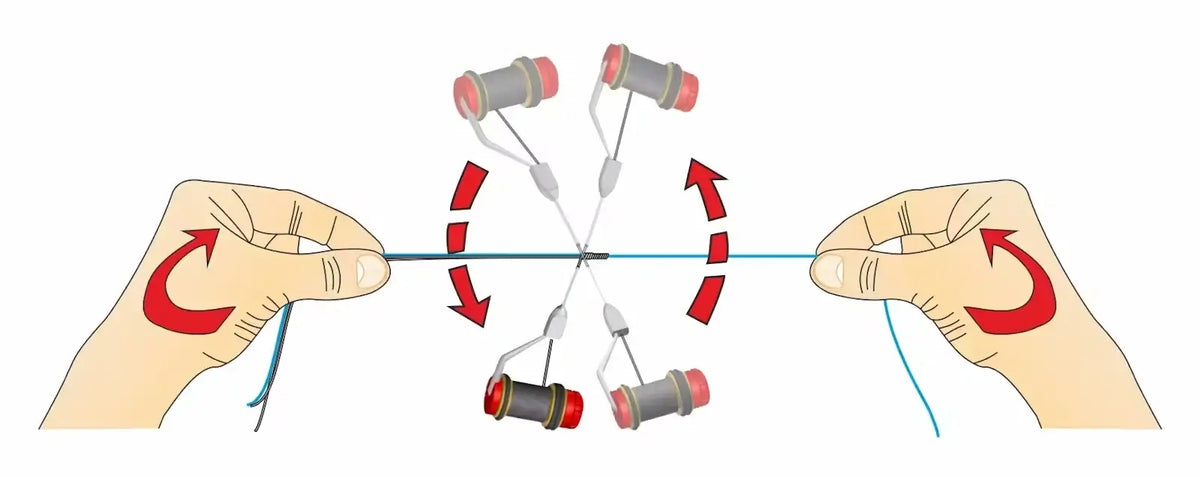 Illustration showing hands using the Rotoknotter - STONFO for quick fishing knots, highlighting fishing tool technique.