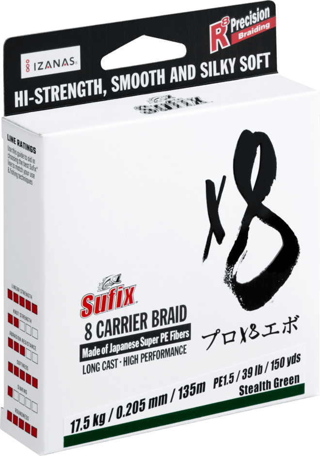 Packaging of SUFIX X8 Multicolor 8 Carrier Braid, designed for high performance in sea fishing.