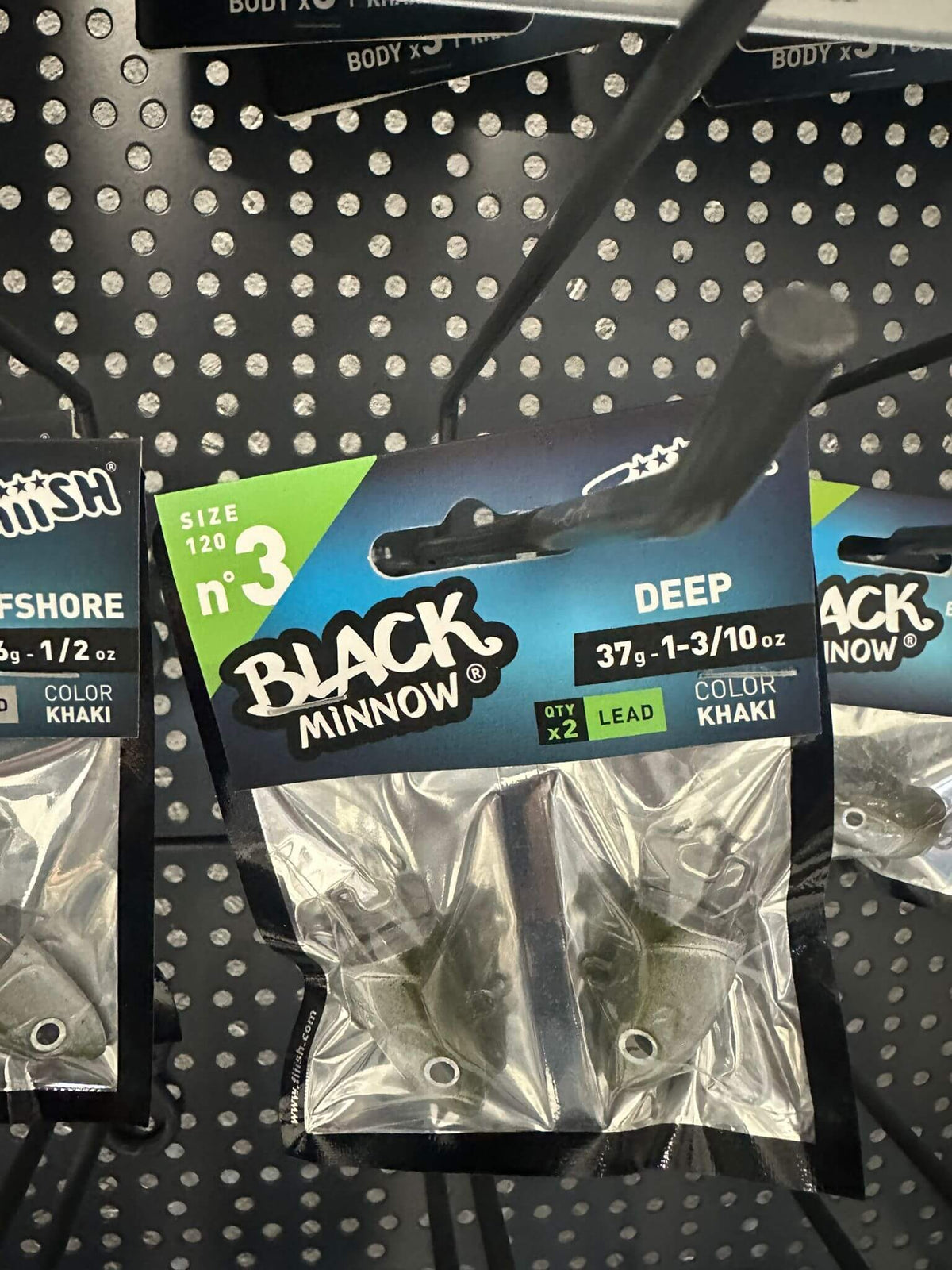 TETE PLOMBEES FIIISH - Emballage de têtes plombées BLACK MINNOW, taille 3, couleur khaki, matériel de pêche en mer.