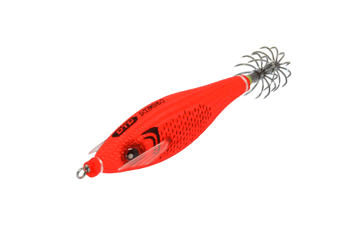 Turlutte DTD NEON 2026 rouge pour la pêche du calmar, matériel de pêche en mer exceptionnel.