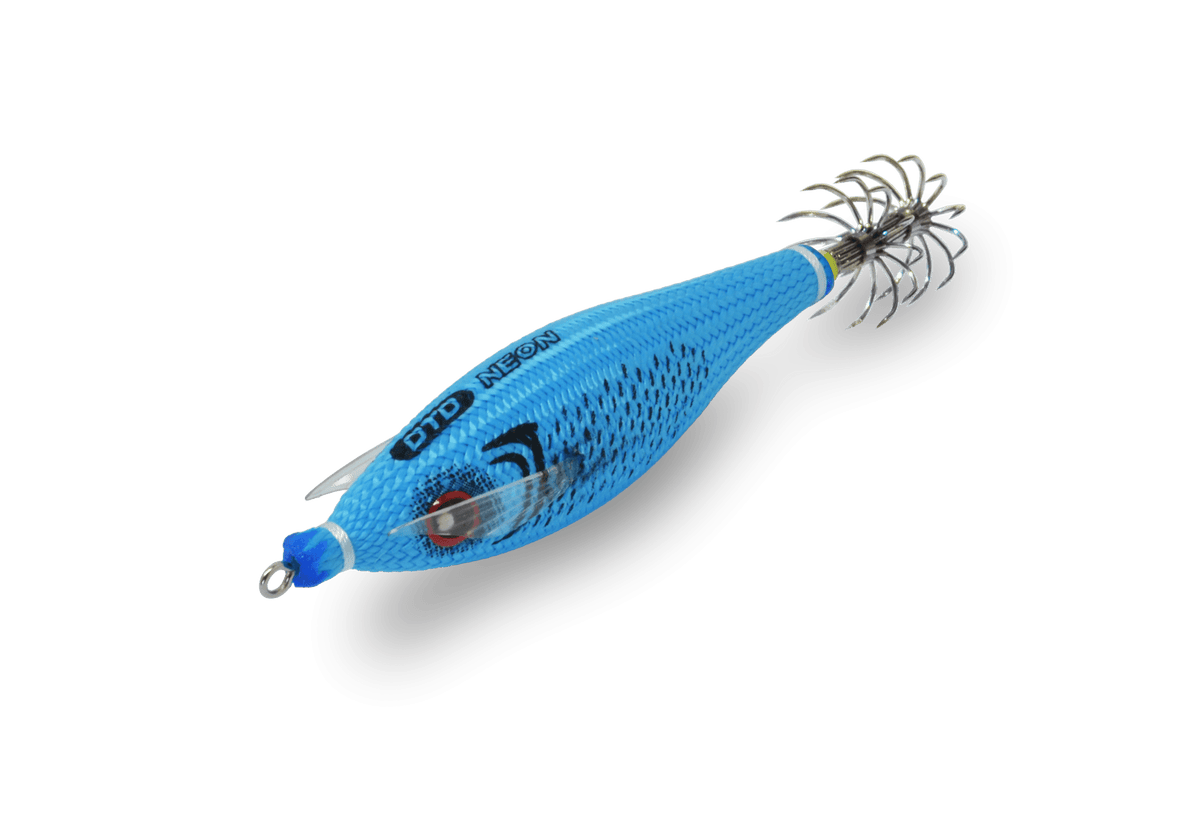 Turlutte DTD NEON 2026, color blue, pour la pêche du calmar, matériel de pêche en mer, design ultra-visible.